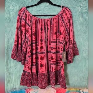 Style & Co Red, Black and Purple Long Bell Sleeve Top Size 1X